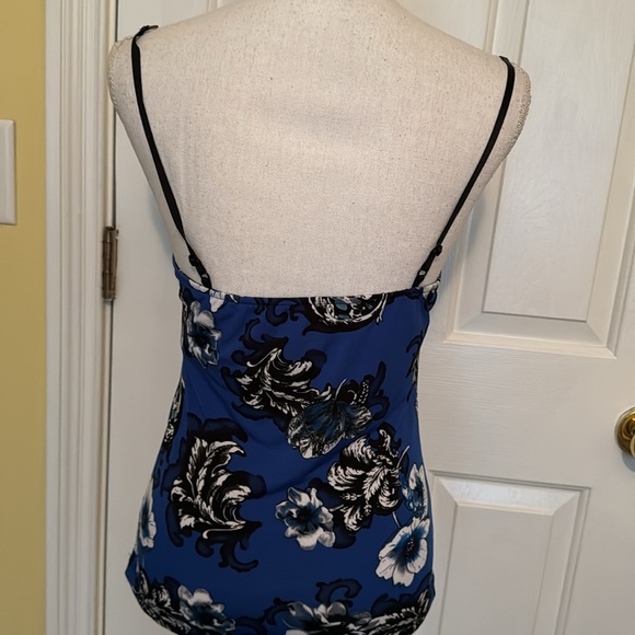 Caché Vintage Cobalt, Navy, Black & White Floral Top w/ Jeweled Straps - Picture 6 of 12